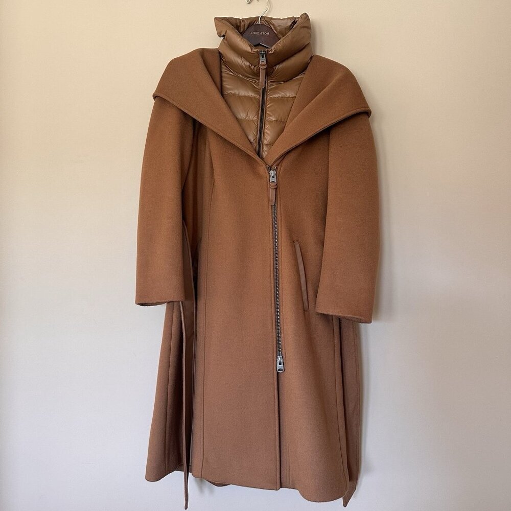 Mackage Shia Wool Coat Women L Caramel Duck Down Removable Bib Brown Luxury